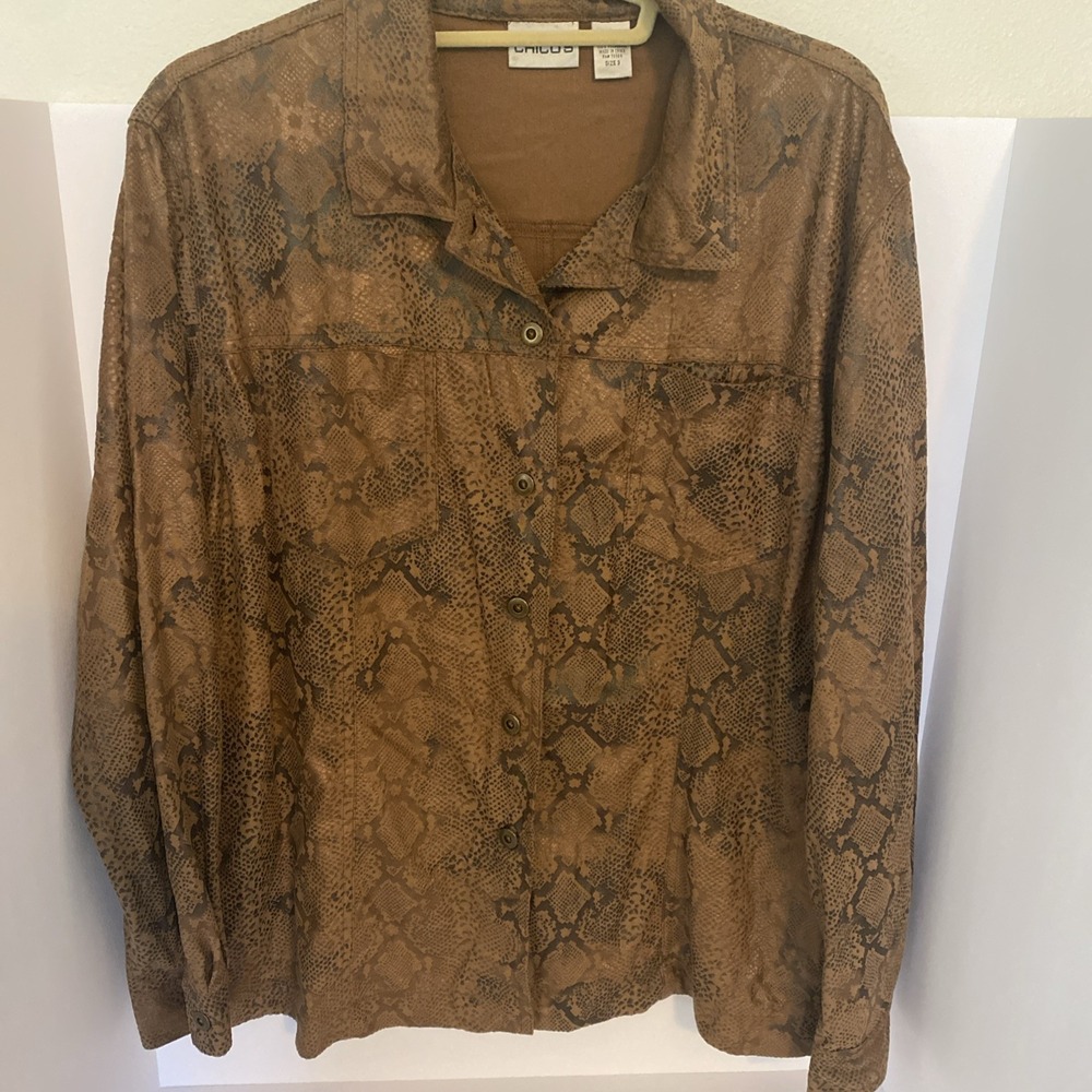 Chico's Brown Faux Suede‎ Snake Skin Blouse Size 3 Long Sleeve J1